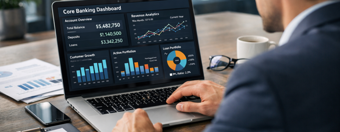 Digital transformation banking core systems dashboard showing financial analytics and cloud banking infrastructure
