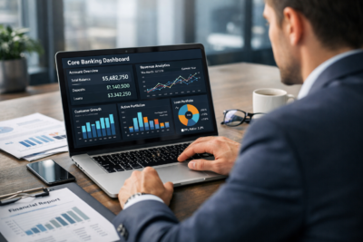 Digital transformation banking core systems dashboard showing financial analytics and cloud banking infrastructure