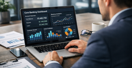 Digital transformation banking core systems dashboard showing financial analytics and cloud banking infrastructure