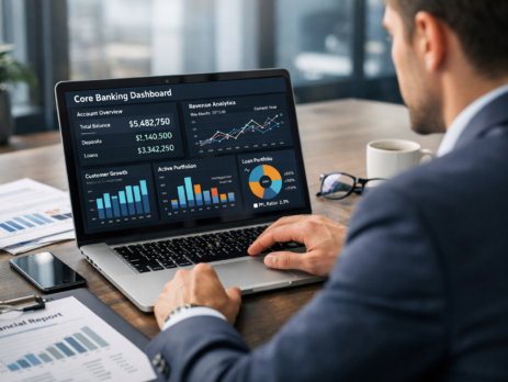 Digital transformation banking core systems dashboard showing financial analytics and cloud banking infrastructure