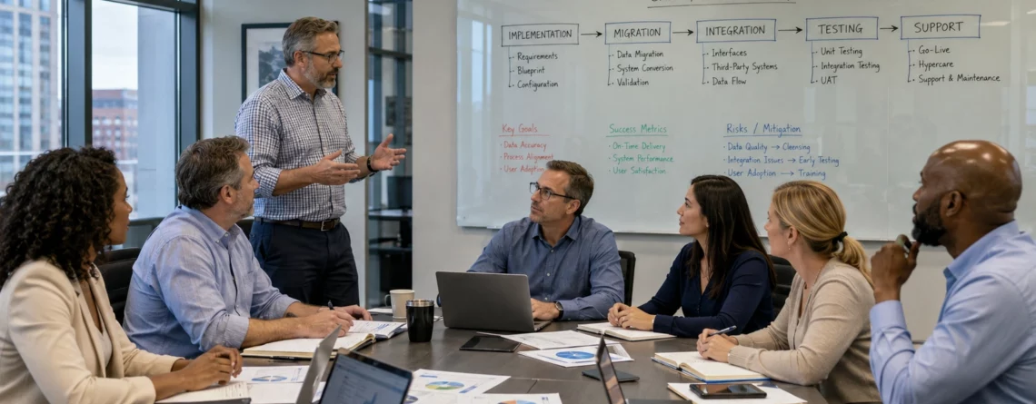 Team in a conference room watching a presenter explain an SAP S/4HANA Roadmap on a whiteboard.