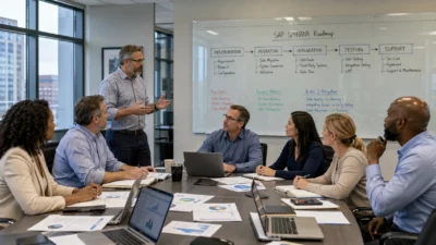 Team in a conference room watching a presenter explain an SAP S/4HANA Roadmap on a whiteboard.