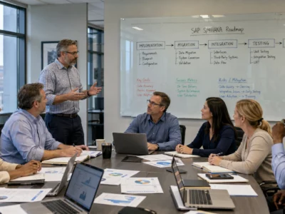Team in a conference room watching a presenter explain an SAP S/4HANA Roadmap on a whiteboard.