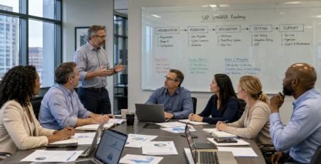 Team in a conference room watching a presenter explain an SAP S/4HANA Roadmap on a whiteboard.