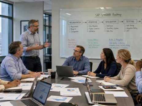 Team in a conference room watching a presenter explain an SAP S/4HANA Roadmap on a whiteboard.