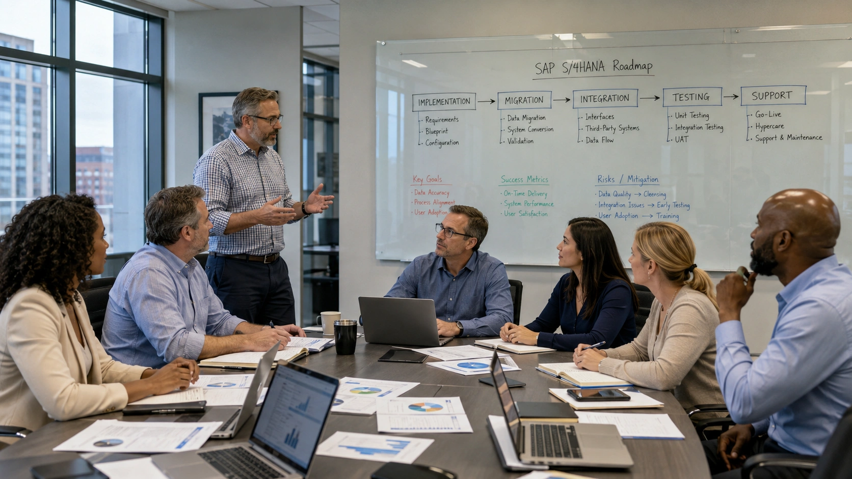 Team in a conference room watching a presenter explain an SAP S/4HANA Roadmap on a whiteboard.