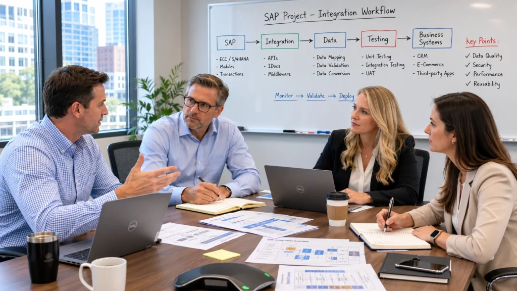 Four professionals in a meeting room discussing an SAP Integration Workflow shown on a whiteboard.