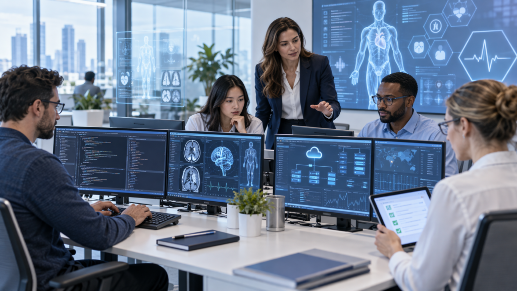 Specialized HealthTech professionals working on digital healthcare solutions