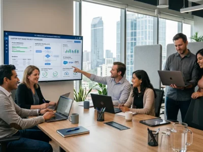 Team reviewing dashboard screen