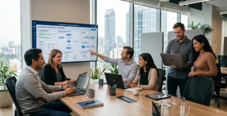 Team reviewing dashboard screen