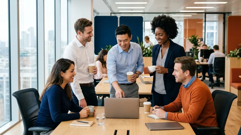 A small, diverse team of colleagues gathered around a laptop at a wooden meeting table, smiling and discussing a project over coffee in a bright, modern office with large window views.