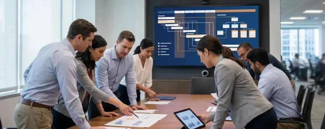 A diverse group of business professionals standing around a boardroom table, collaborating over documents, charts, and a tablet, with a large wall screen in the background displaying project timelines and org charts.