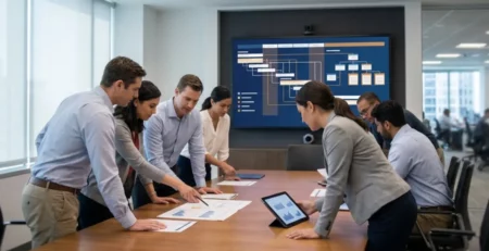 A diverse group of business professionals standing around a boardroom table, collaborating over documents, charts, and a tablet, with a large wall screen in the background displaying project timelines and org charts.