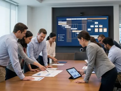 A diverse group of business professionals standing around a boardroom table, collaborating over documents, charts, and a tablet, with a large wall screen in the background displaying project timelines and org charts.