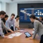A diverse group of business professionals standing around a boardroom table, collaborating over documents, charts, and a tablet, with a large wall screen in the background displaying project timelines and org charts.