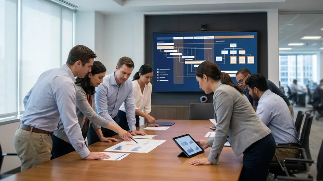 A diverse group of business professionals standing around a boardroom table, collaborating over documents, charts, and a tablet, with a large wall screen in the background displaying project timelines and org charts.
