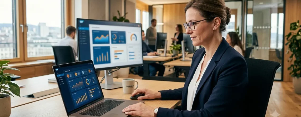 A professional hiring manager wearing glasses and a navy blazer works at a clean, modern desk in a bright office, reviewing candidate analytics and charts on a laptop screen with desktop monitors in the background.