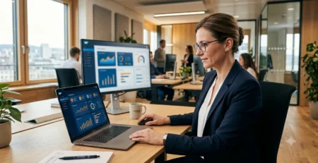 A professional hiring manager wearing glasses and a navy blazer works at a clean, modern desk in a bright office, reviewing candidate analytics and charts on a laptop screen with desktop monitors in the background.