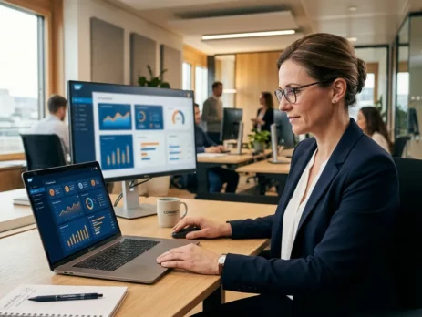 A professional hiring manager wearing glasses and a navy blazer works at a clean, modern desk in a bright office, reviewing candidate analytics and charts on a laptop screen with desktop monitors in the background.