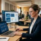 A professional hiring manager wearing glasses and a navy blazer works at a clean, modern desk in a bright office, reviewing candidate analytics and charts on a laptop screen with desktop monitors in the background.