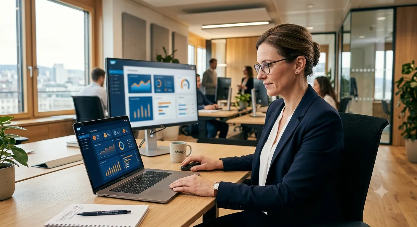 A professional hiring manager wearing glasses and a navy blazer works at a clean, modern desk in a bright office, reviewing candidate analytics and charts on a laptop screen with desktop monitors in the background.