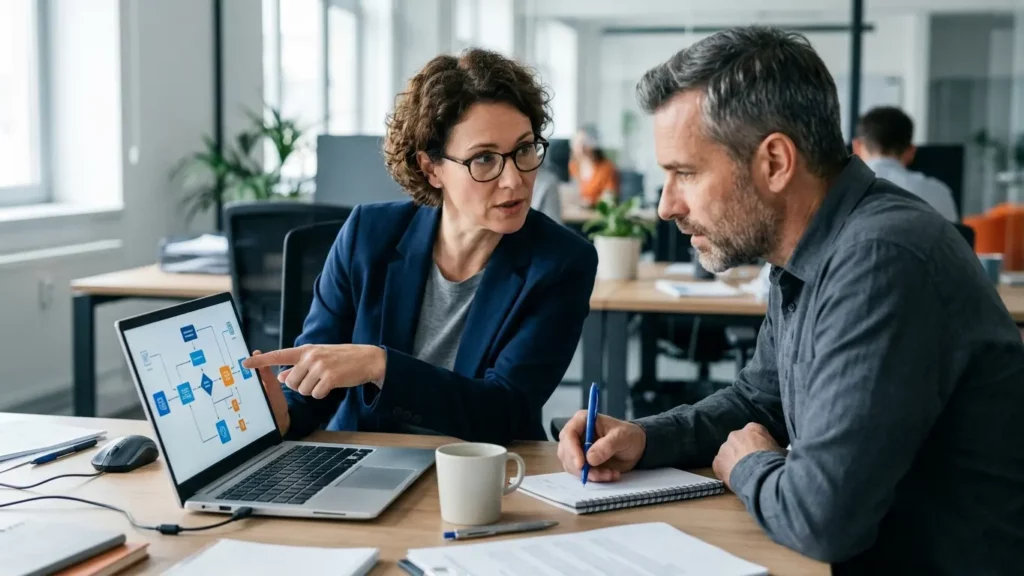 Two experienced IT consultants collaborating at a wooden desk in a modern office, with a female consultant in glasses pointing at a laptop workflow diagram while her colleague takes notes.