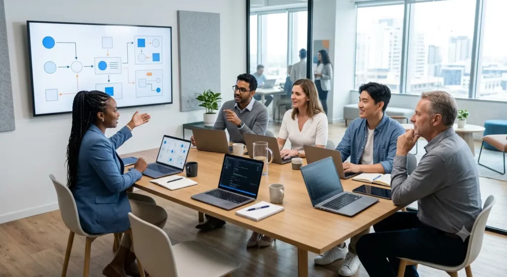 A diverse group of IT professionals sitting around a conference table with laptops, listening to a colleague present a software workflow diagram on a wall display in a bright, modern office.