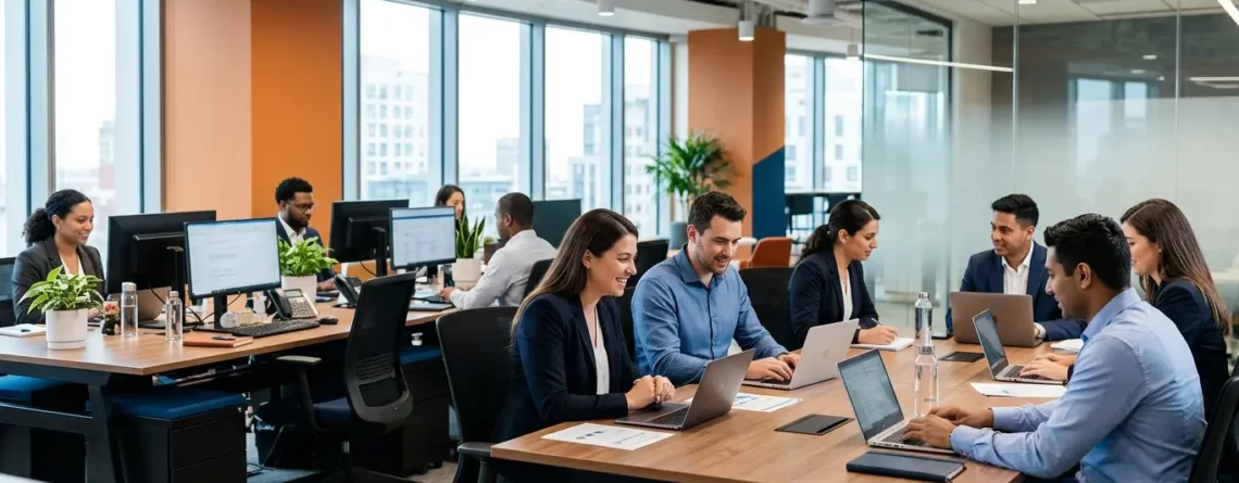 Diverse group of professionals working together in a bright, modern open-plan office with deep blue and warm orange accent walls, sitting at shared wooden desks with laptops.