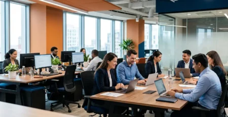 Diverse group of professionals working together in a bright, modern open-plan office with deep blue and warm orange accent walls, sitting at shared wooden desks with laptops.