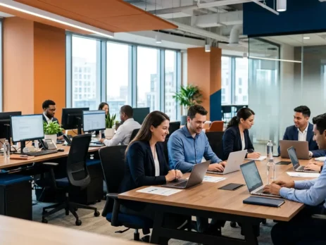 Diverse group of professionals working together in a bright, modern open-plan office with deep blue and warm orange accent walls, sitting at shared wooden desks with laptops.