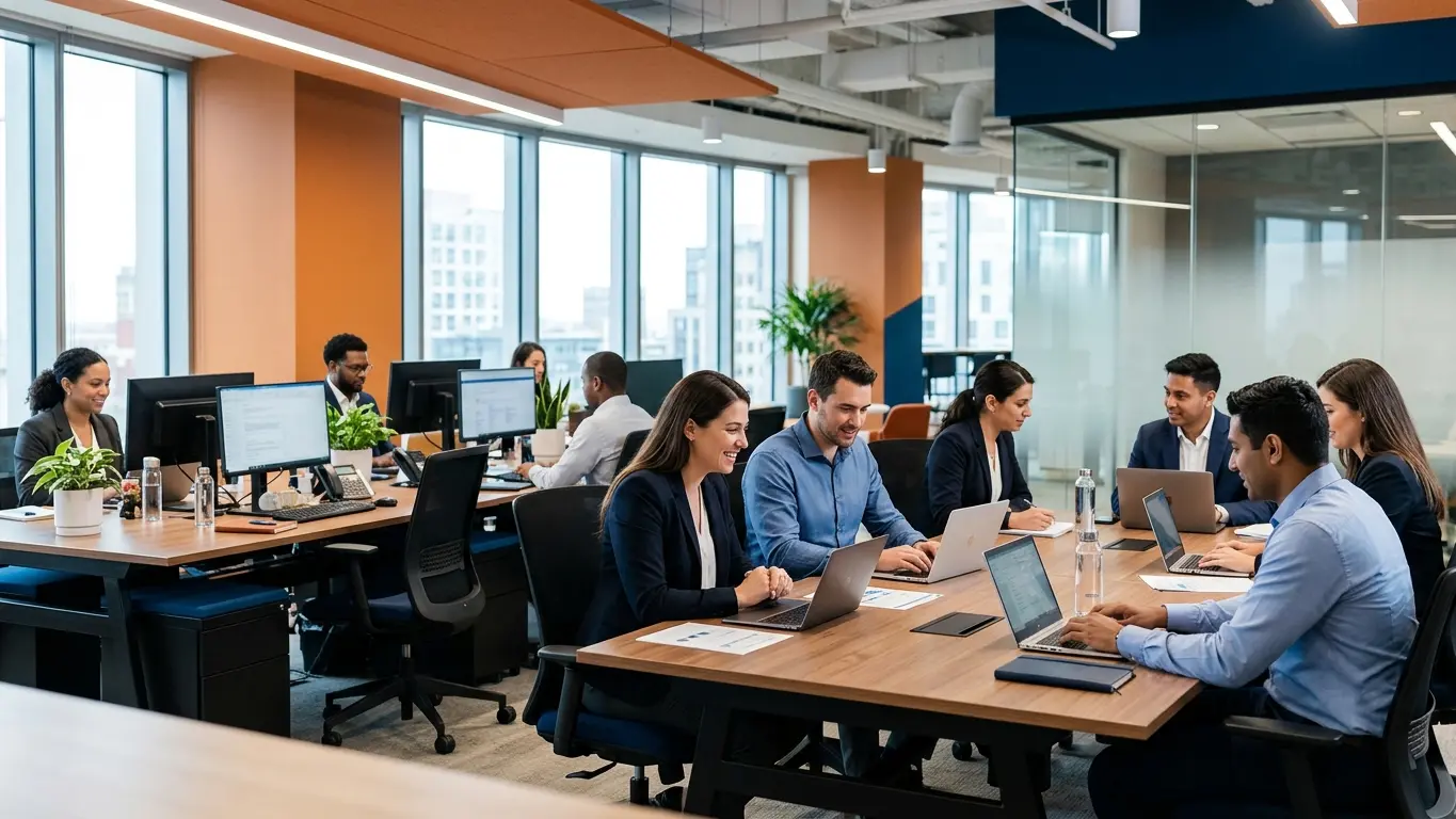 Diverse group of professionals working together in a bright, modern open-plan office with deep blue and warm orange accent walls, sitting at shared wooden desks with laptops.