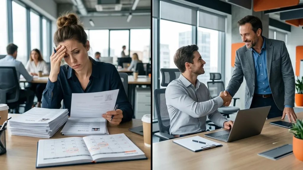 A split photo showing a stressed recruiter reviewing a large stack of resumes next to a calendar on the left, contrasted with a relaxed manager shaking hands with a new team member at a desk on the right.