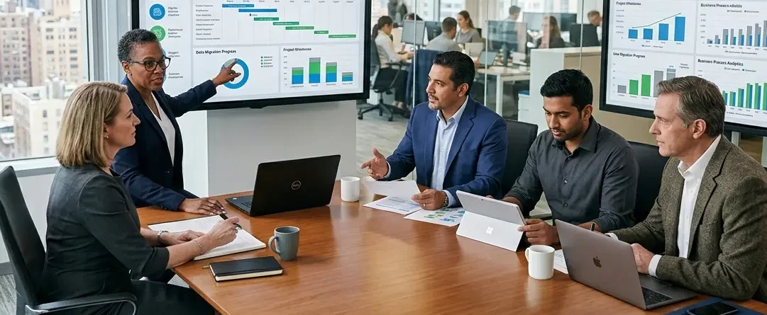 A diverse team of SAP consultants and business professionals collaborating around a conference table in a modern office while reviewing S/4HANA digital transformation analytics on large monitors.