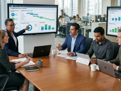 A diverse team of SAP consultants and business professionals collaborating around a conference table in a modern office while reviewing S/4HANA digital transformation analytics on large monitors.