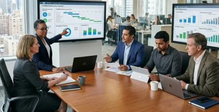 A diverse team of SAP consultants and business professionals collaborating around a conference table in a modern office while reviewing S/4HANA digital transformation analytics on large monitors.