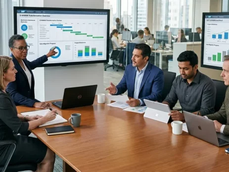 A diverse team of SAP consultants and business professionals collaborating around a conference table in a modern office while reviewing S/4HANA digital transformation analytics on large monitors.