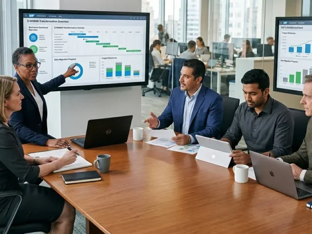 A diverse team of SAP consultants and business professionals collaborating around a conference table in a modern office while reviewing S/4HANA digital transformation analytics on large monitors.