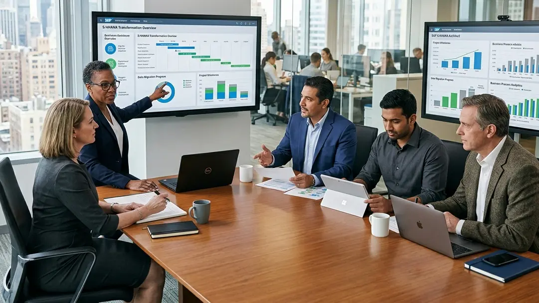 A diverse team of SAP consultants and business professionals collaborating around a conference table in a modern office while reviewing S/4HANA digital transformation analytics on large monitors.