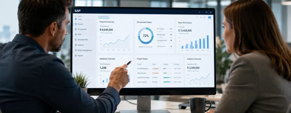 Two colleagues review a SAP business analytics dashboard showing financial and sales data on a monitor.