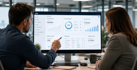 Two colleagues review a SAP business analytics dashboard showing financial and sales data on a monitor.
