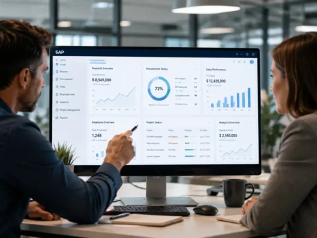 Two colleagues review a SAP business analytics dashboard showing financial and sales data on a monitor.