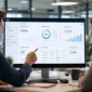 Two colleagues review a SAP business analytics dashboard showing financial and sales data on a monitor.