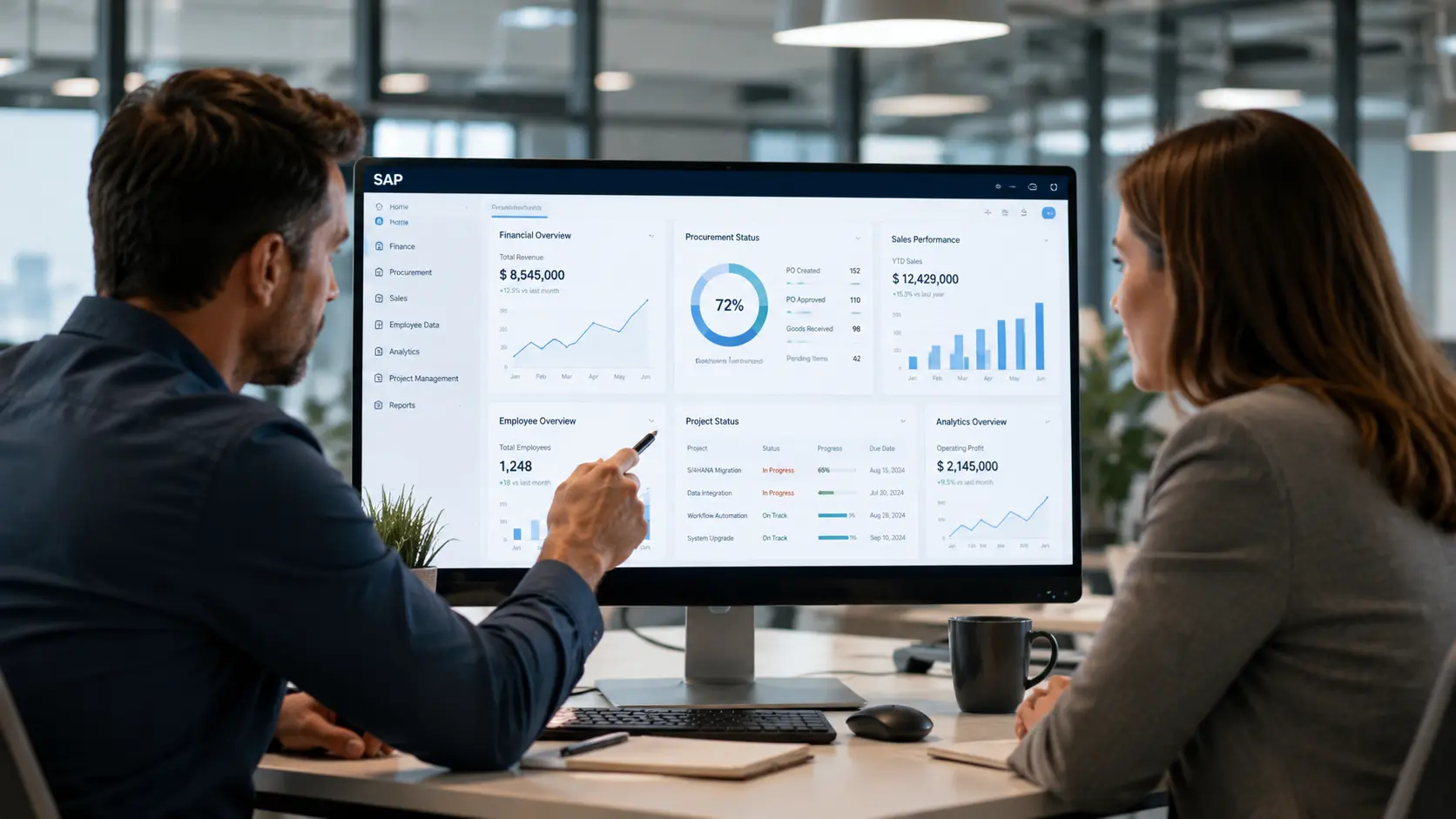 Two colleagues review a SAP business analytics dashboard showing financial and sales data on a monitor.