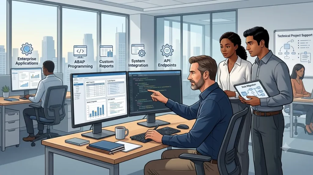 An illustration of a team of SAP professionals working in a modern office, with a focus on ABAP programming, custom reports, system integration, API endpoints, and data migration.