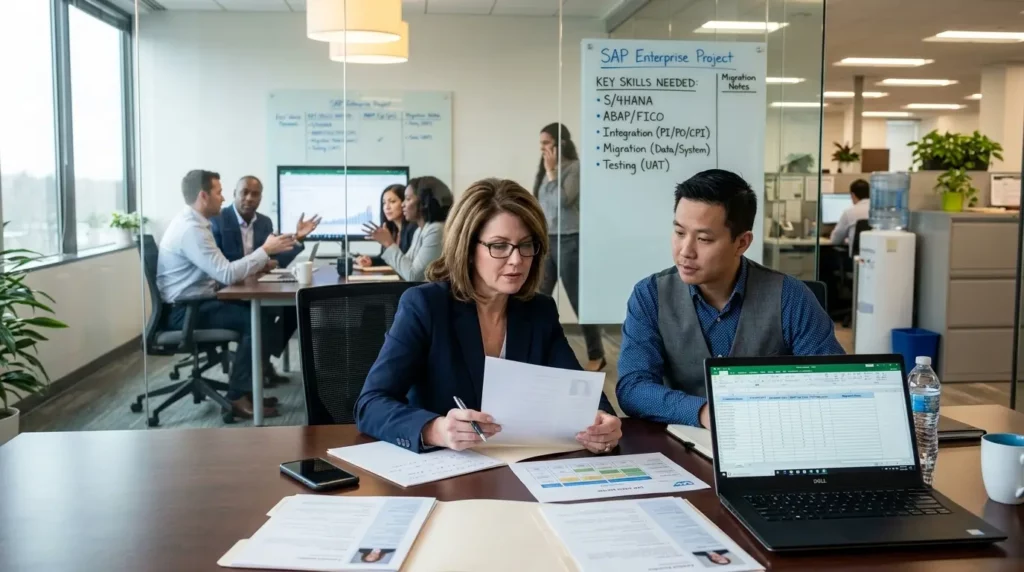 Two hiring managers review candidate resumes near a glass board outlining SAP key skills needed.