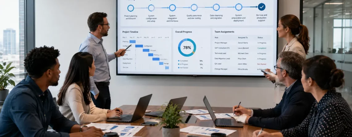 A man presents an SAP Implementation Project dashboard showing 78% progress to seated colleagues.