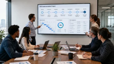 A man presents an SAP Implementation Project dashboard showing 78% progress to seated colleagues.