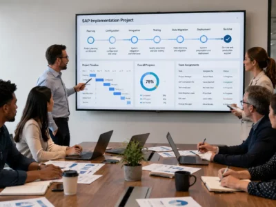 A man presents an SAP Implementation Project dashboard showing 78% progress to seated colleagues.