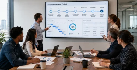 A man presents an SAP Implementation Project dashboard showing 78% progress to seated colleagues.