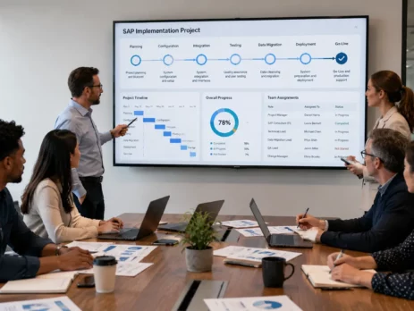 A man presents an SAP Implementation Project dashboard showing 78% progress to seated colleagues.